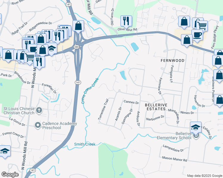 map of restaurants, bars, coffee shops, grocery stores, and more near 13210 Autumn Trails Court in Creve Coeur