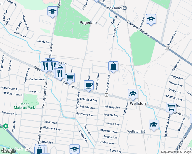map of restaurants, bars, coffee shops, grocery stores, and more near 1338 Woodruff Avenue in St. Louis