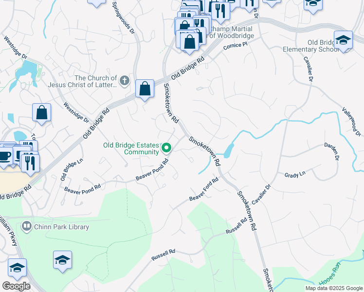 map of restaurants, bars, coffee shops, grocery stores, and more near 3540 Covered Bridge Lane in Woodbridge