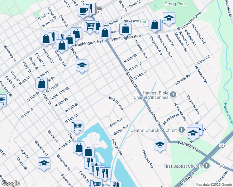 map of restaurants, bars, coffee shops, grocery stores, and more near 1408 Wabash Avenue in Vincennes