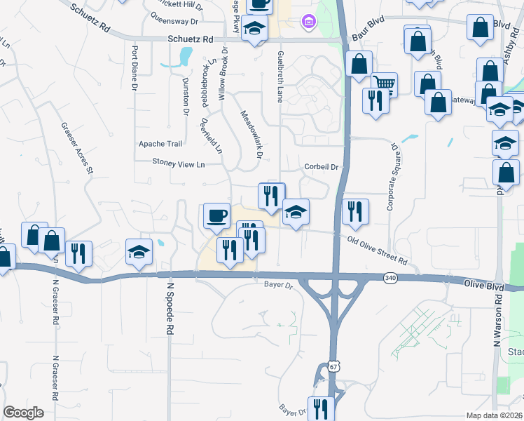 map of restaurants, bars, coffee shops, grocery stores, and more near 10457 Briarbend Drive in Saint Louis