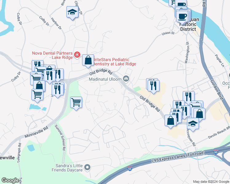 map of restaurants, bars, coffee shops, grocery stores, and more near 1874 Pohick Creek Court in Woodbridge