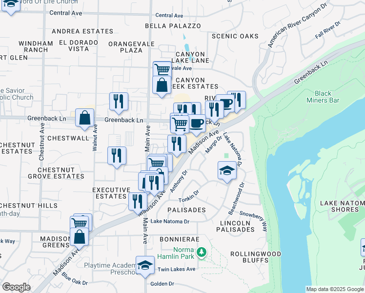 map of restaurants, bars, coffee shops, grocery stores, and more near 9500 Greenback Lane in Folsom