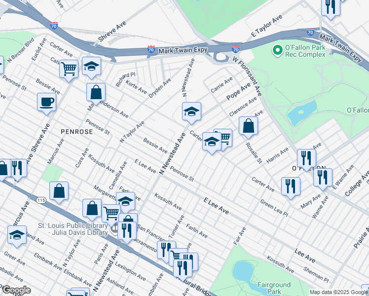 map of restaurants, bars, coffee shops, grocery stores, and more near 4253 Clarence Avenue in St. Louis