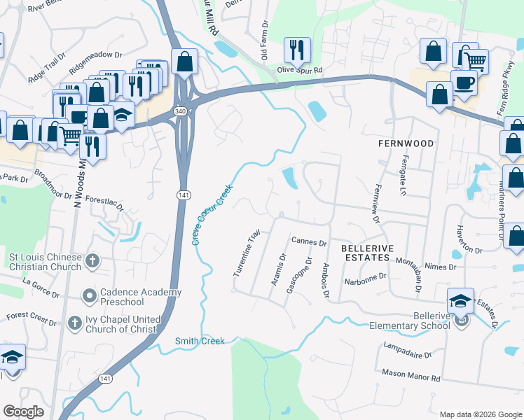 map of restaurants, bars, coffee shops, grocery stores, and more near 13210 Autumn Trails Court in Creve Coeur