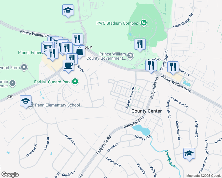 map of restaurants, bars, coffee shops, grocery stores, and more near 4951 Chaste Tree Place in Woodbridge