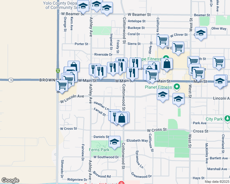 map of restaurants, bars, coffee shops, grocery stores, and more near 626 West Lincoln Avenue in Woodland