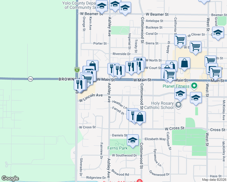 map of restaurants, bars, coffee shops, grocery stores, and more near 762 West Lincoln Avenue in Woodland