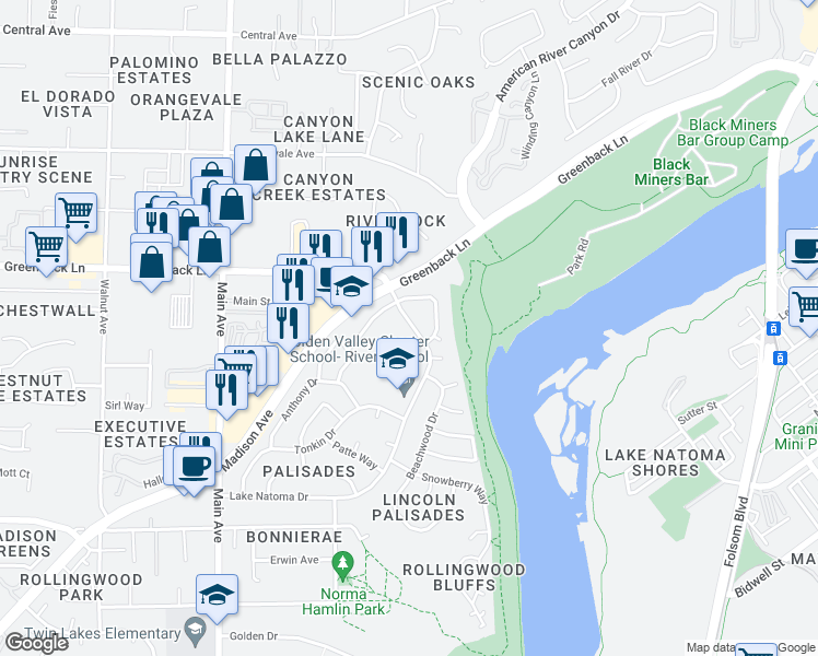 map of restaurants, bars, coffee shops, grocery stores, and more near 9667 Lake Natoma Drive in Orangevale