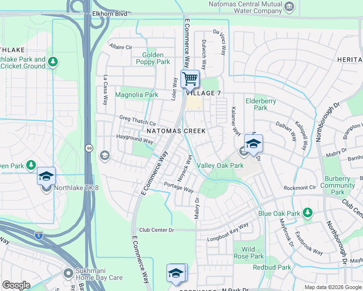 map of restaurants, bars, coffee shops, grocery stores, and more near 5427 Noyack Way in Sacramento