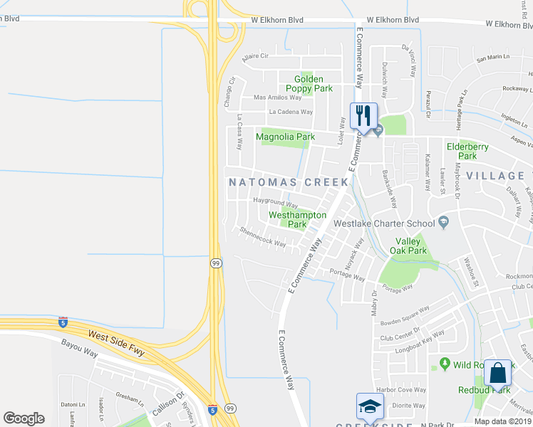 map of restaurants, bars, coffee shops, grocery stores, and more near 5401 Elderdown Way in Sacramento