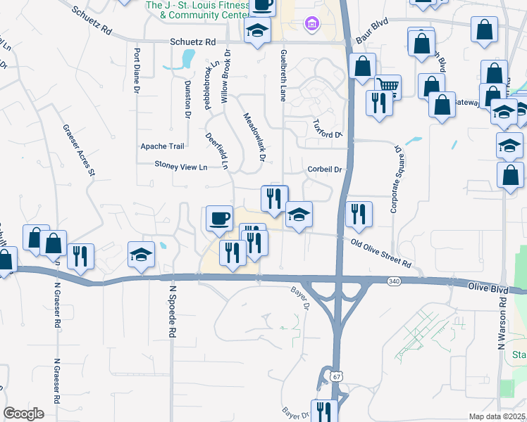 map of restaurants, bars, coffee shops, grocery stores, and more near in Creve Coeur