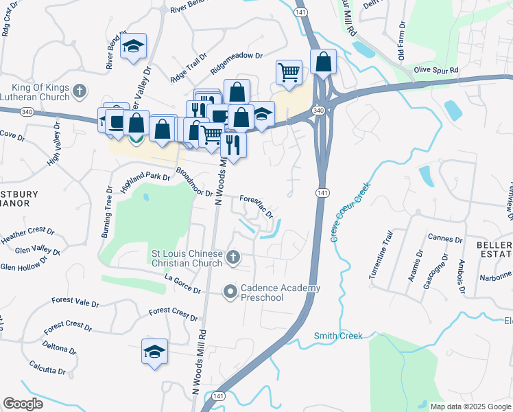 map of restaurants, bars, coffee shops, grocery stores, and more near 13448 Forestlac Drive in St. Louis