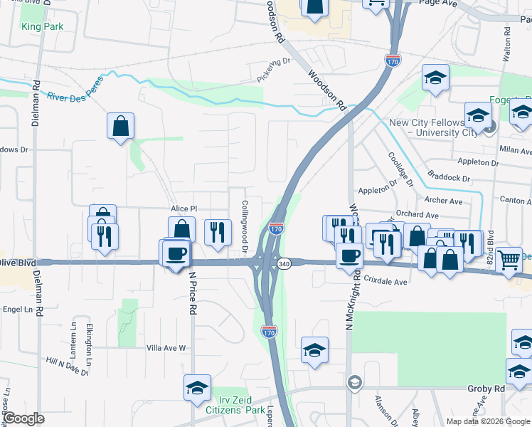 map of restaurants, bars, coffee shops, grocery stores, and more near 1156 Brightling Drive in Olivette