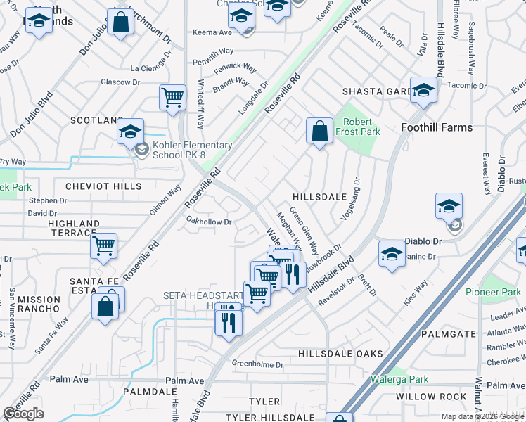 map of restaurants, bars, coffee shops, grocery stores, and more near 5978 Walerga Road in Sacramento