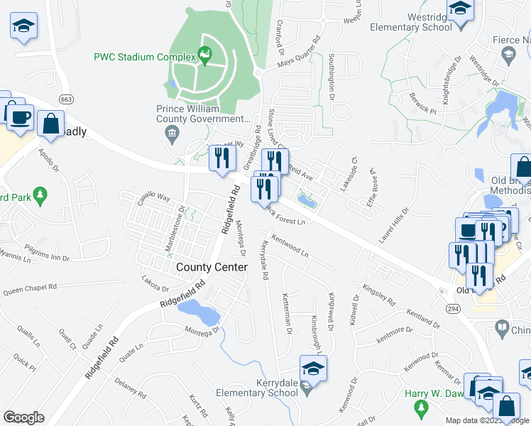 map of restaurants, bars, coffee shops, grocery stores, and more near 12730 Black Forest Lane in Woodbridge