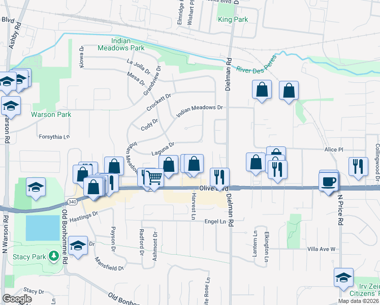map of restaurants, bars, coffee shops, grocery stores, and more near 21 Friese Drive in Olivette