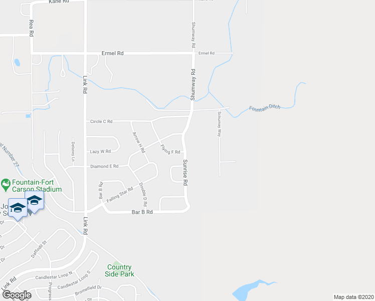 map of restaurants, bars, coffee shops, grocery stores, and more near 10635 Sunrise Road in Fountain