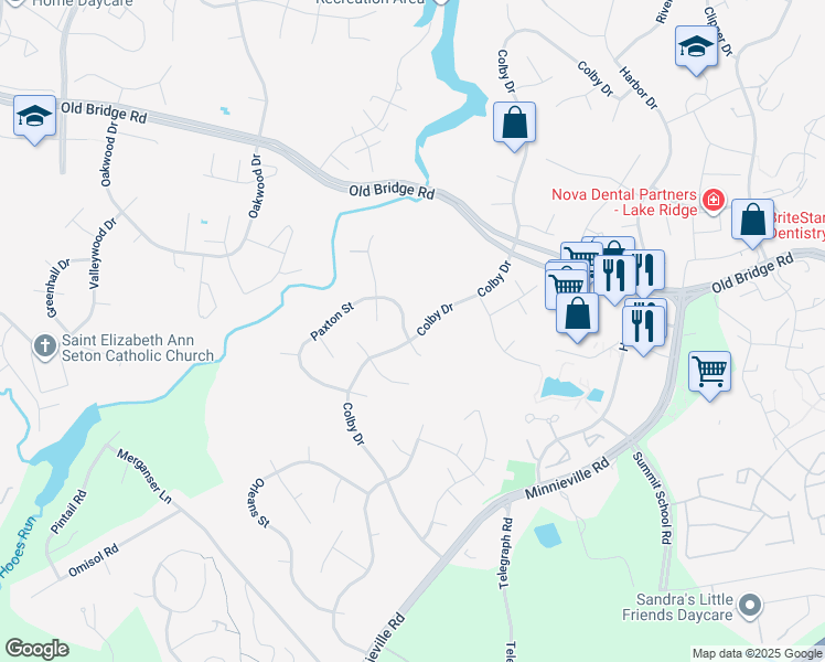 map of restaurants, bars, coffee shops, grocery stores, and more near 2500 Paxton Street in Woodbridge