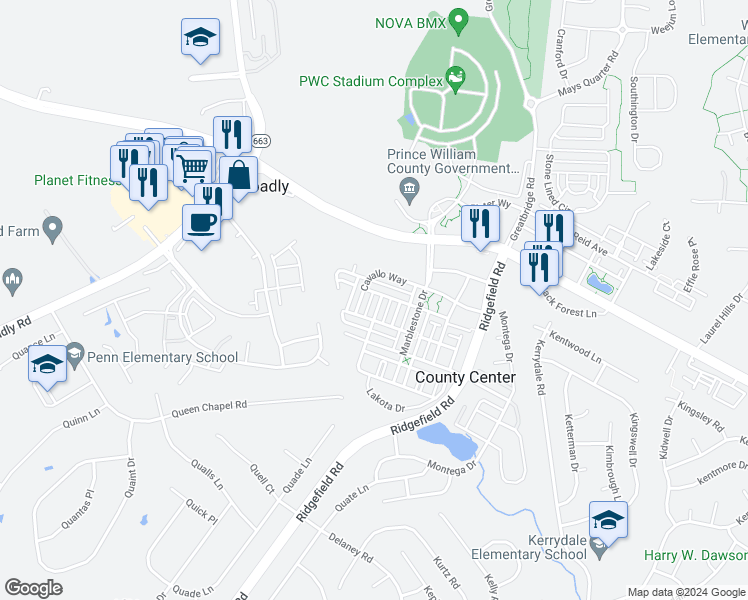 map of restaurants, bars, coffee shops, grocery stores, and more near 12904 Leatherwood Lane in Woodbridge