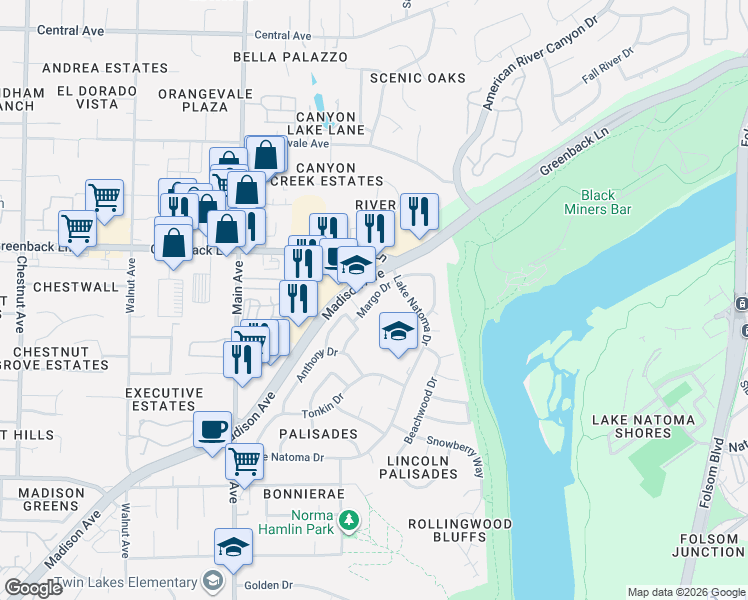 map of restaurants, bars, coffee shops, grocery stores, and more near 6046 Margo Drive in Orangevale