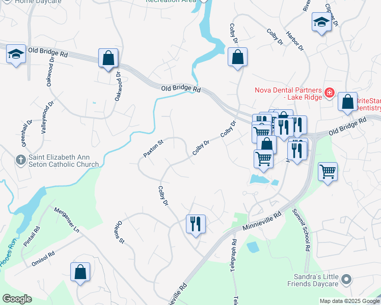 map of restaurants, bars, coffee shops, grocery stores, and more near 2500 Paxton Street in Woodbridge