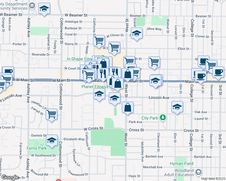 map of restaurants, bars, coffee shops, grocery stores, and more near 60 West Lincoln Avenue in Woodland