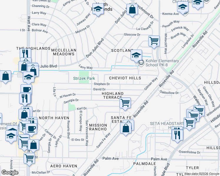 map of restaurants, bars, coffee shops, grocery stores, and more near 4047 David Drive in North Highlands