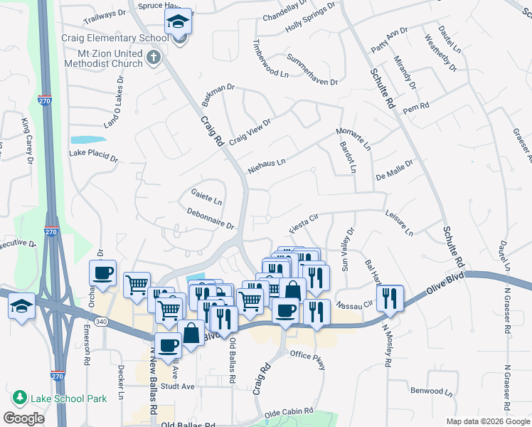 map of restaurants, bars, coffee shops, grocery stores, and more near 11901 Moorland Woods Circle in St. Louis