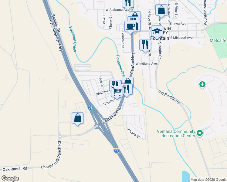 map of restaurants, bars, coffee shops, grocery stores, and more near 420 Royalty Place in Fountain