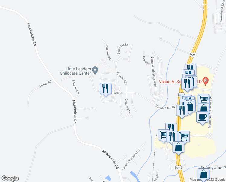 map of restaurants, bars, coffee shops, grocery stores, and more near 7034 Chadds Ford Drive in Brandywine