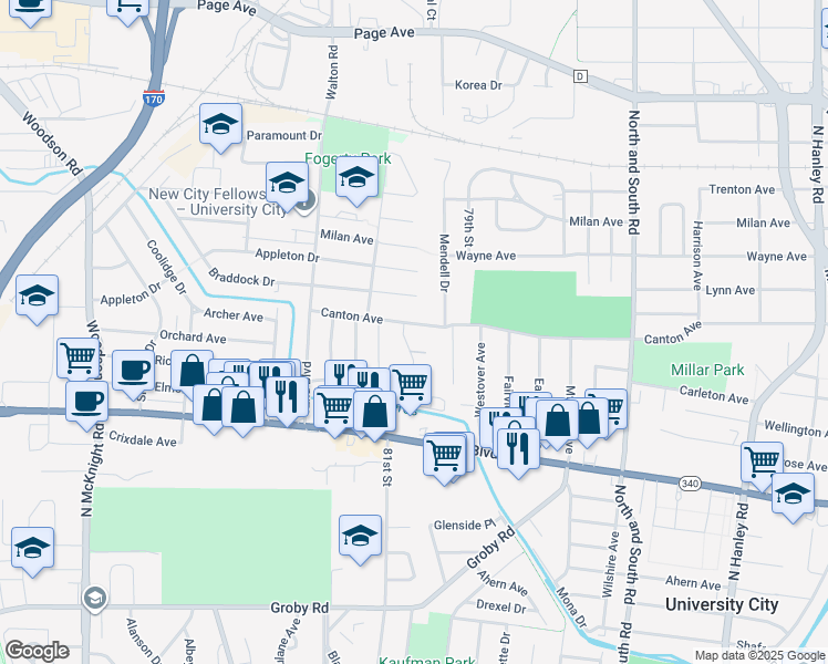 map of restaurants, bars, coffee shops, grocery stores, and more near 1337 Rushmore Drive in University City