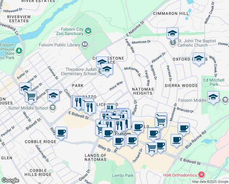 map of restaurants, bars, coffee shops, grocery stores, and more near 158 Market Street in Folsom