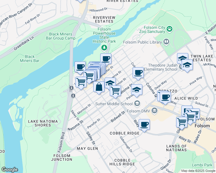 map of restaurants, bars, coffee shops, grocery stores, and more near 710 Mormon Street in Folsom