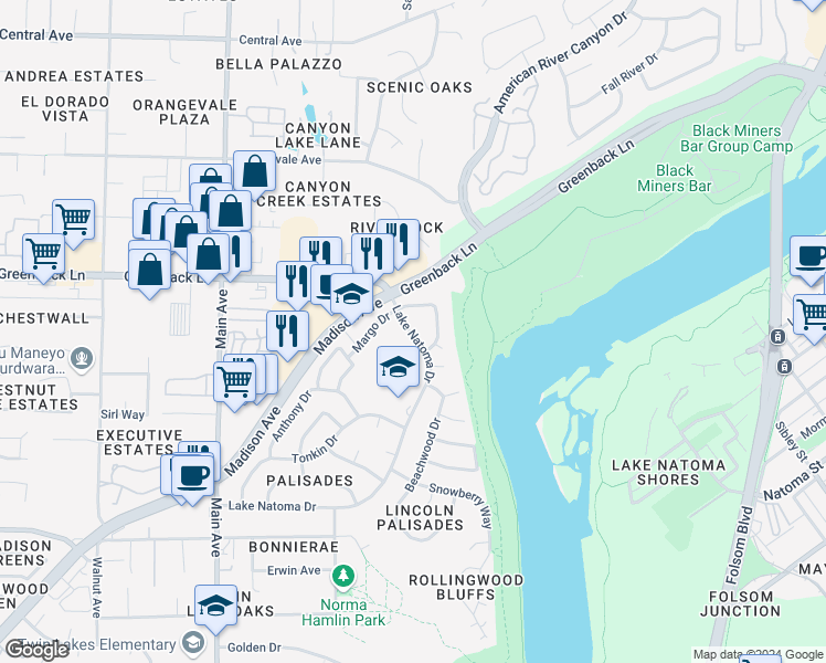 map of restaurants, bars, coffee shops, grocery stores, and more near 9665 Lake Natoma Drive in Orangevale