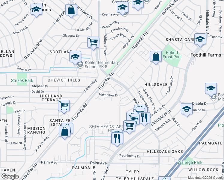 map of restaurants, bars, coffee shops, grocery stores, and more near 4407 Oakhollow Drive in Sacramento