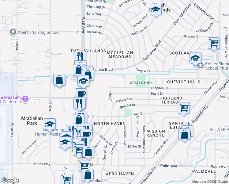 map of restaurants, bars, coffee shops, grocery stores, and more near 3676 David Drive in North Highlands