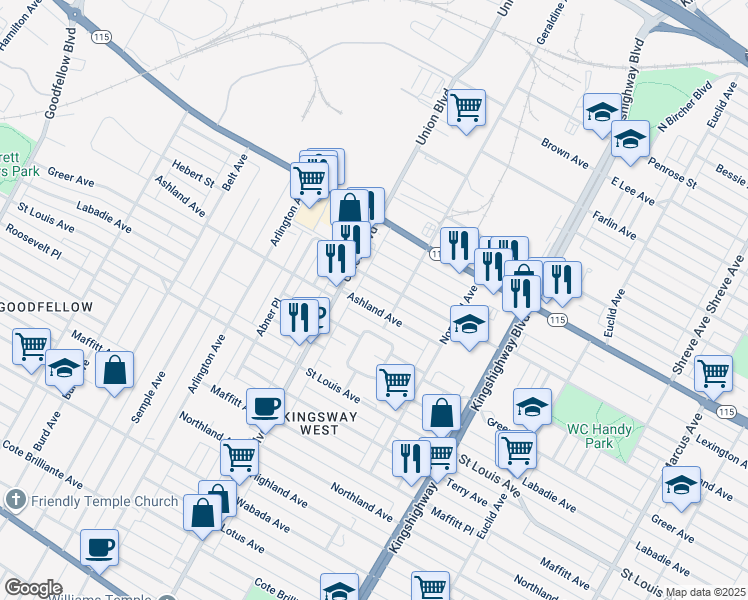 map of restaurants, bars, coffee shops, grocery stores, and more near 5203 Ashland Avenue in St. Louis