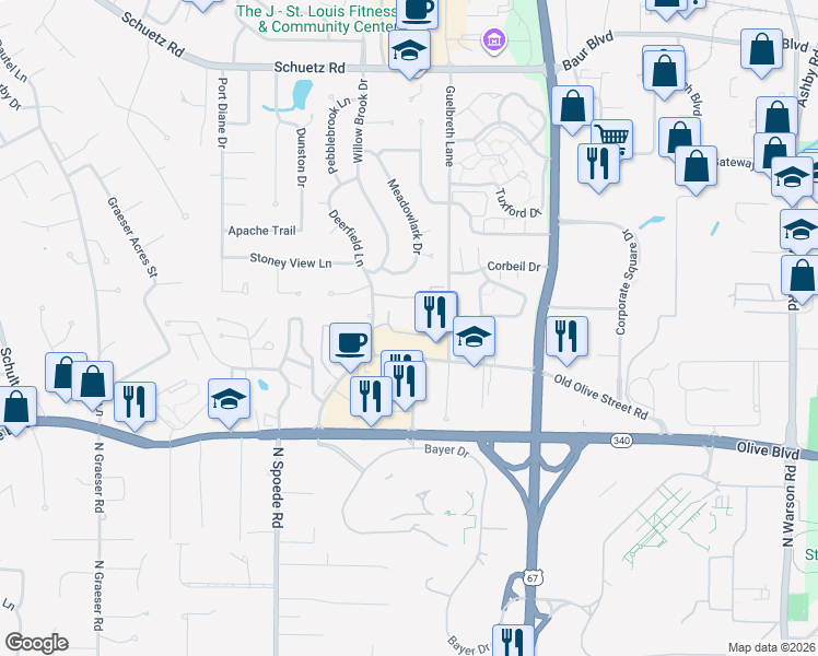 map of restaurants, bars, coffee shops, grocery stores, and more near in Creve Coeur