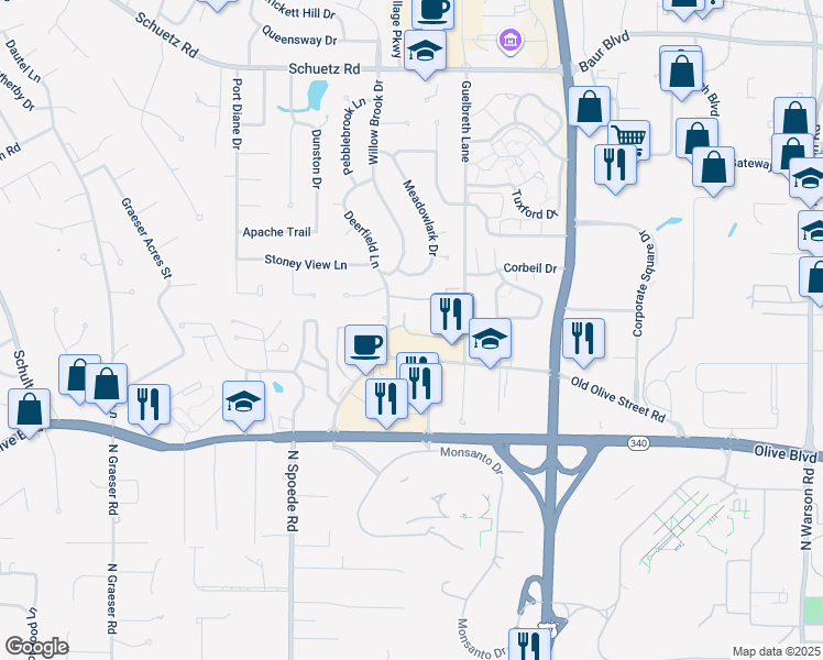 map of restaurants, bars, coffee shops, grocery stores, and more near 10483 Old Olive Street Road in Creve Coeur