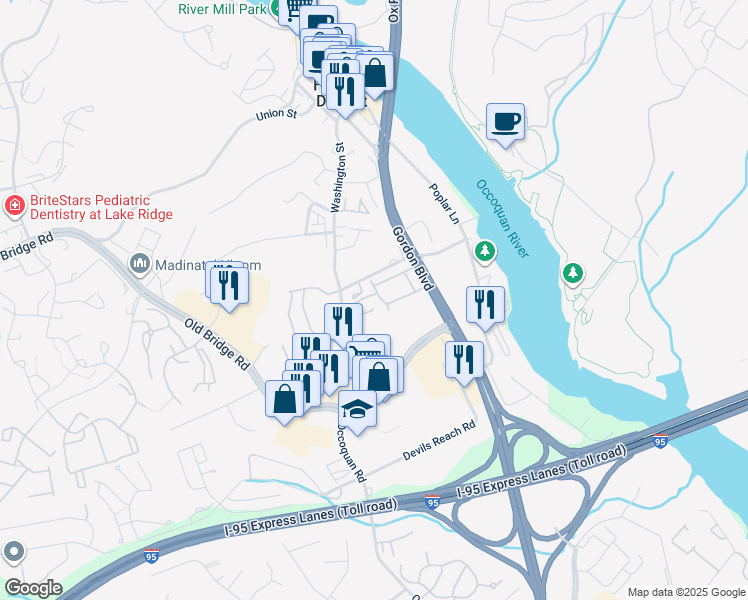 map of restaurants, bars, coffee shops, grocery stores, and more near 12740 Lighthouse Lane in Woodbridge