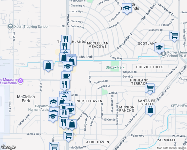 map of restaurants, bars, coffee shops, grocery stores, and more near 3676 David Drive in North Highlands