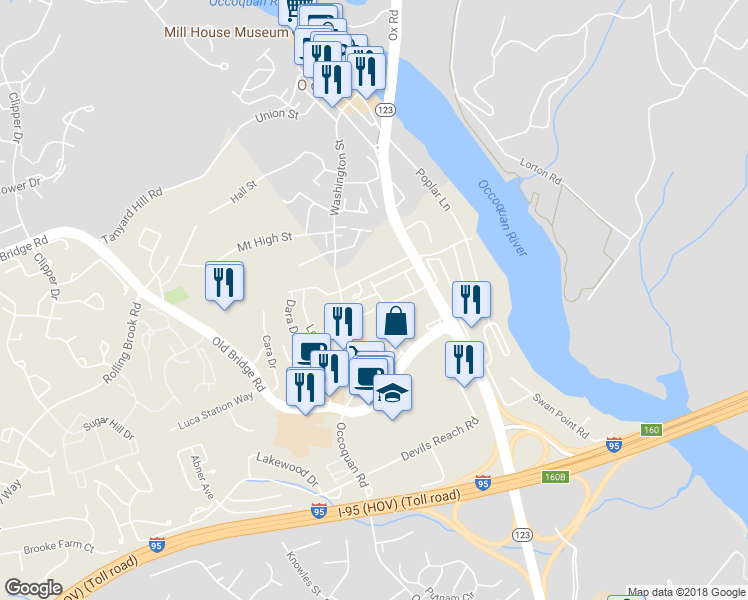 map of restaurants, bars, coffee shops, grocery stores, and more near 12740 Lighthouse Lane in Woodbridge