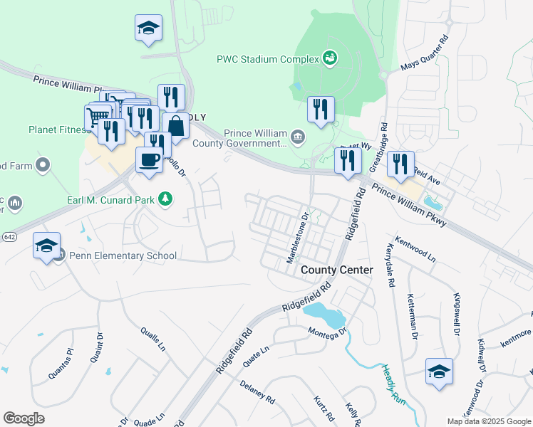 map of restaurants, bars, coffee shops, grocery stores, and more near 4867 Cavallo Way in Woodbridge