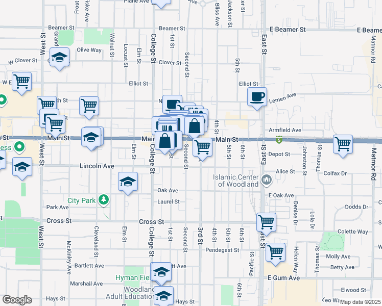 map of restaurants, bars, coffee shops, grocery stores, and more near 439 2nd Street in Woodland