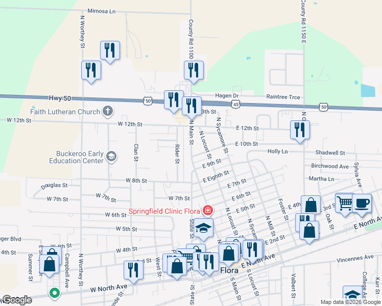 map of restaurants, bars, coffee shops, grocery stores, and more near 1033 North State Road in Flora