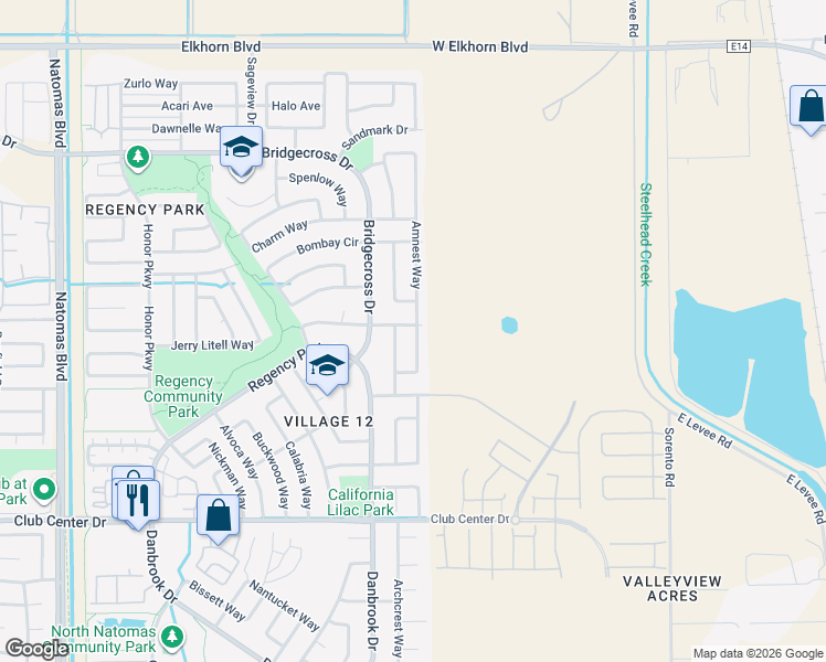 map of restaurants, bars, coffee shops, grocery stores, and more near 5597 Amnest Way in Sacramento