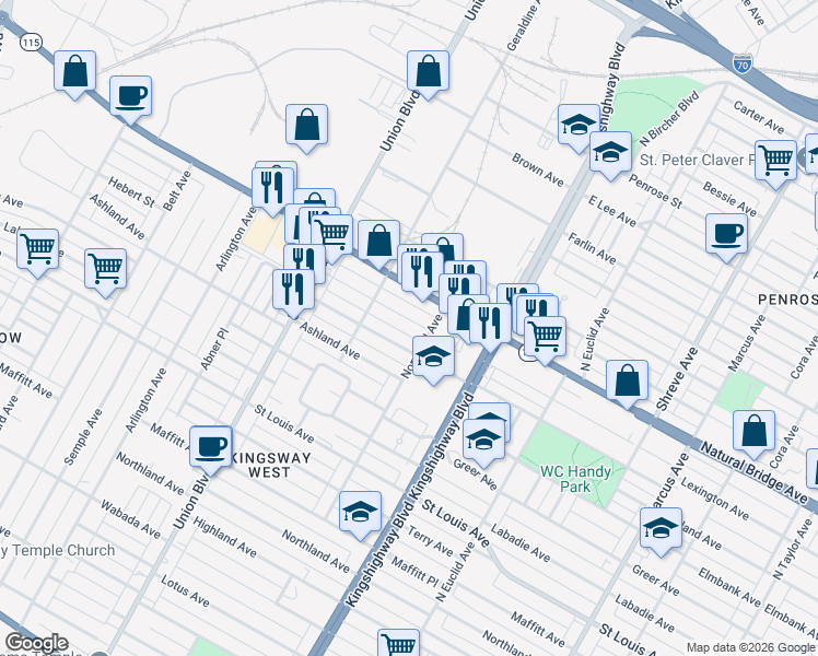 map of restaurants, bars, coffee shops, grocery stores, and more near 5118 Palm Street in St. Louis