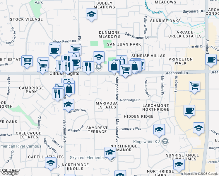 map of restaurants, bars, coffee shops, grocery stores, and more near 6040 Dublin Way in Citrus Heights