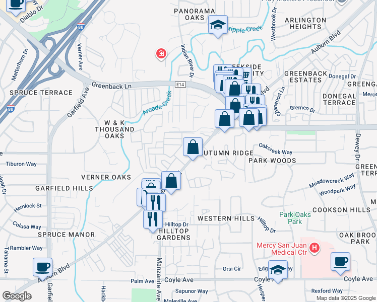 map of restaurants, bars, coffee shops, grocery stores, and more near 6008 Auburn Boulevard in Citrus Heights